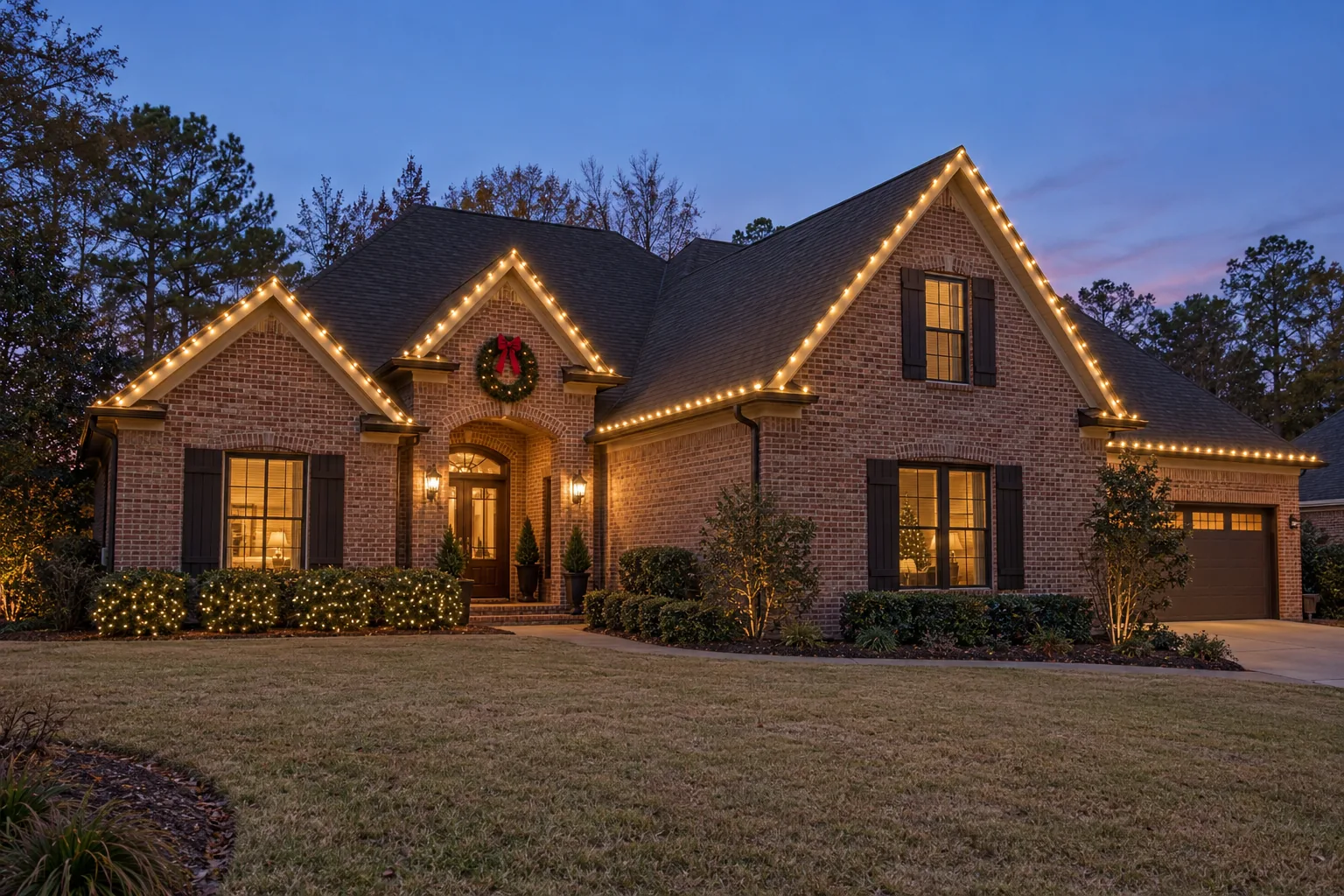 Warm-white Christmas lights tracing the gables of a brick home at dusk
