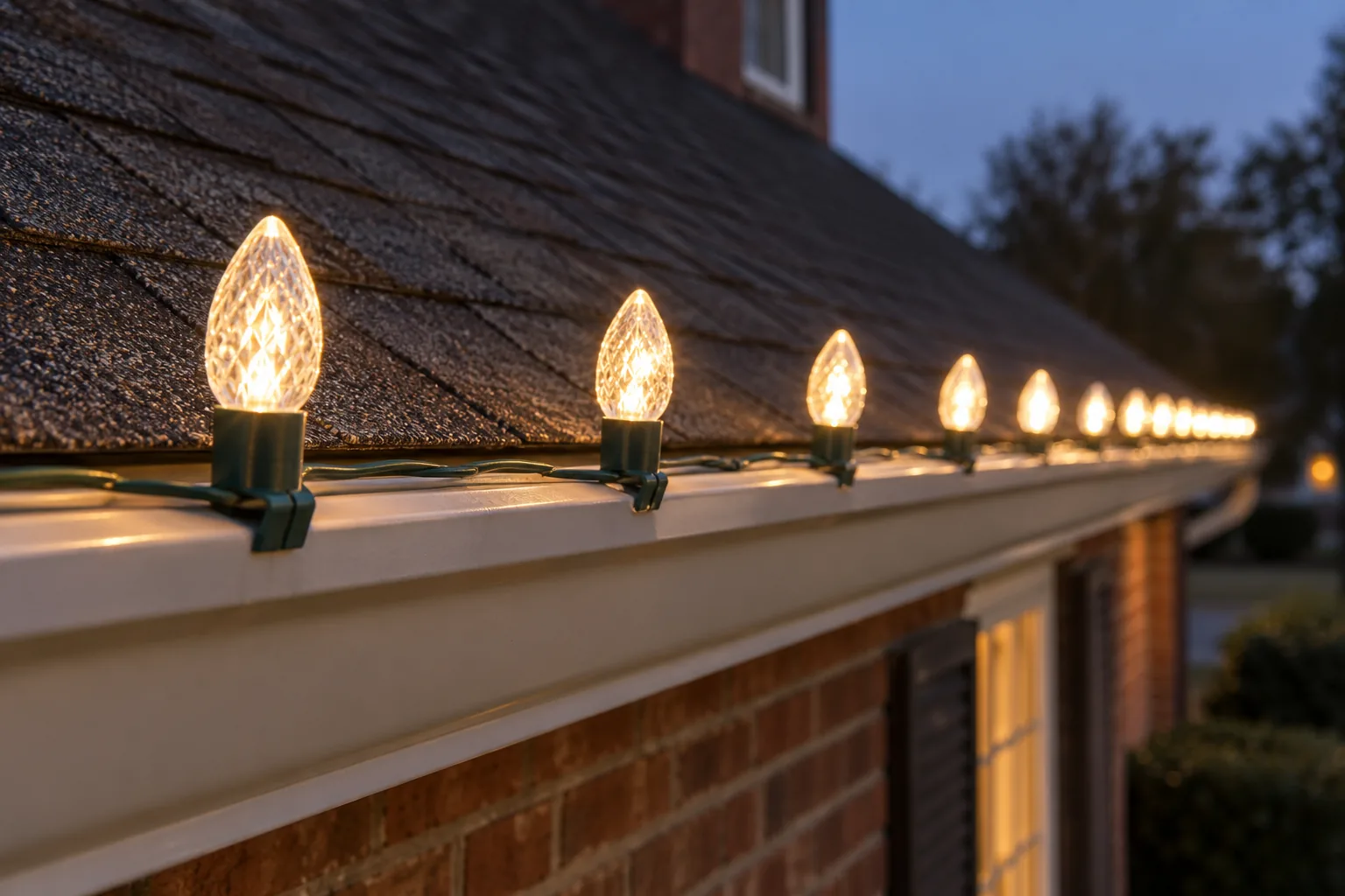Close-up of evenly spaced warm-white C9 bulbs clipped along a gutter