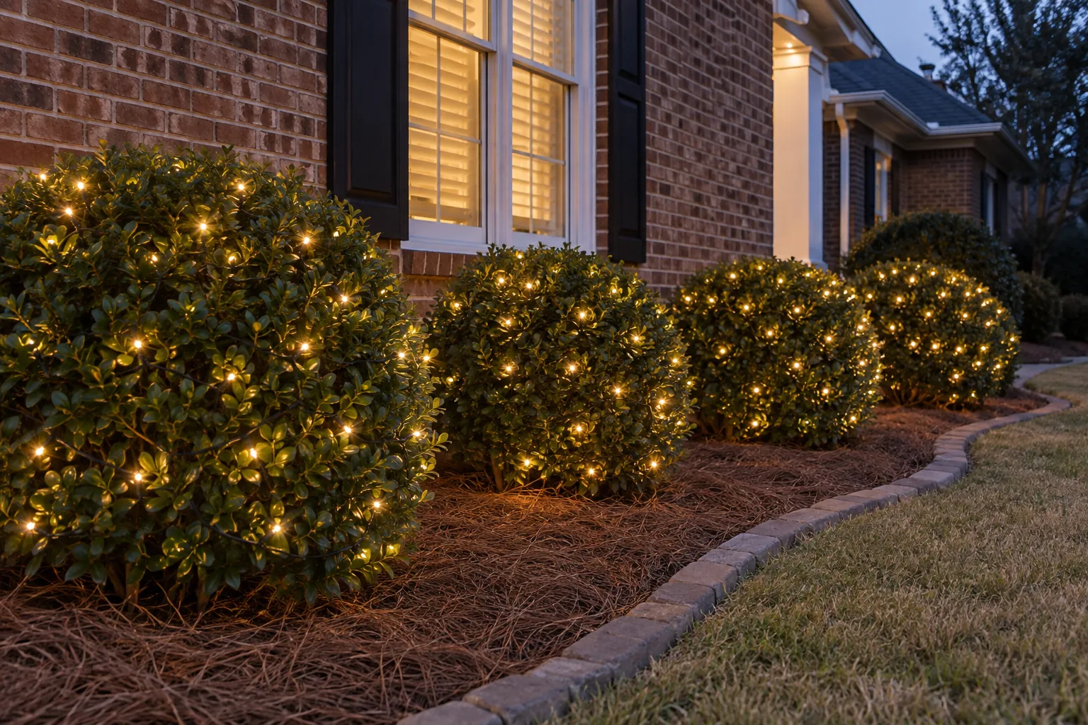 Low landscape shrubs decorated with warm-white mini lights