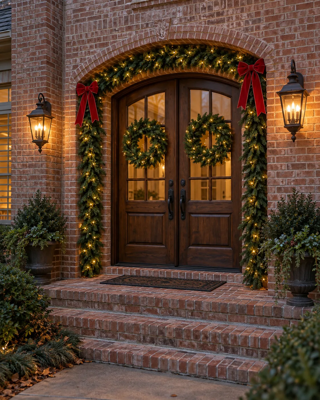 Front door framed by illuminated Christmas garland