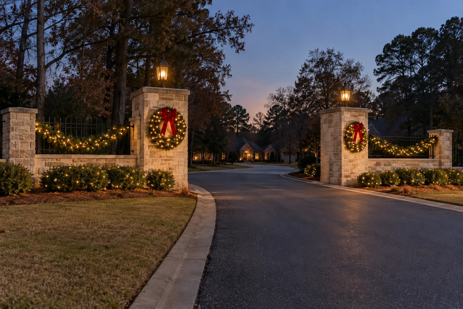 AI design inspiration for a neighborhood entrance with Christmas lights